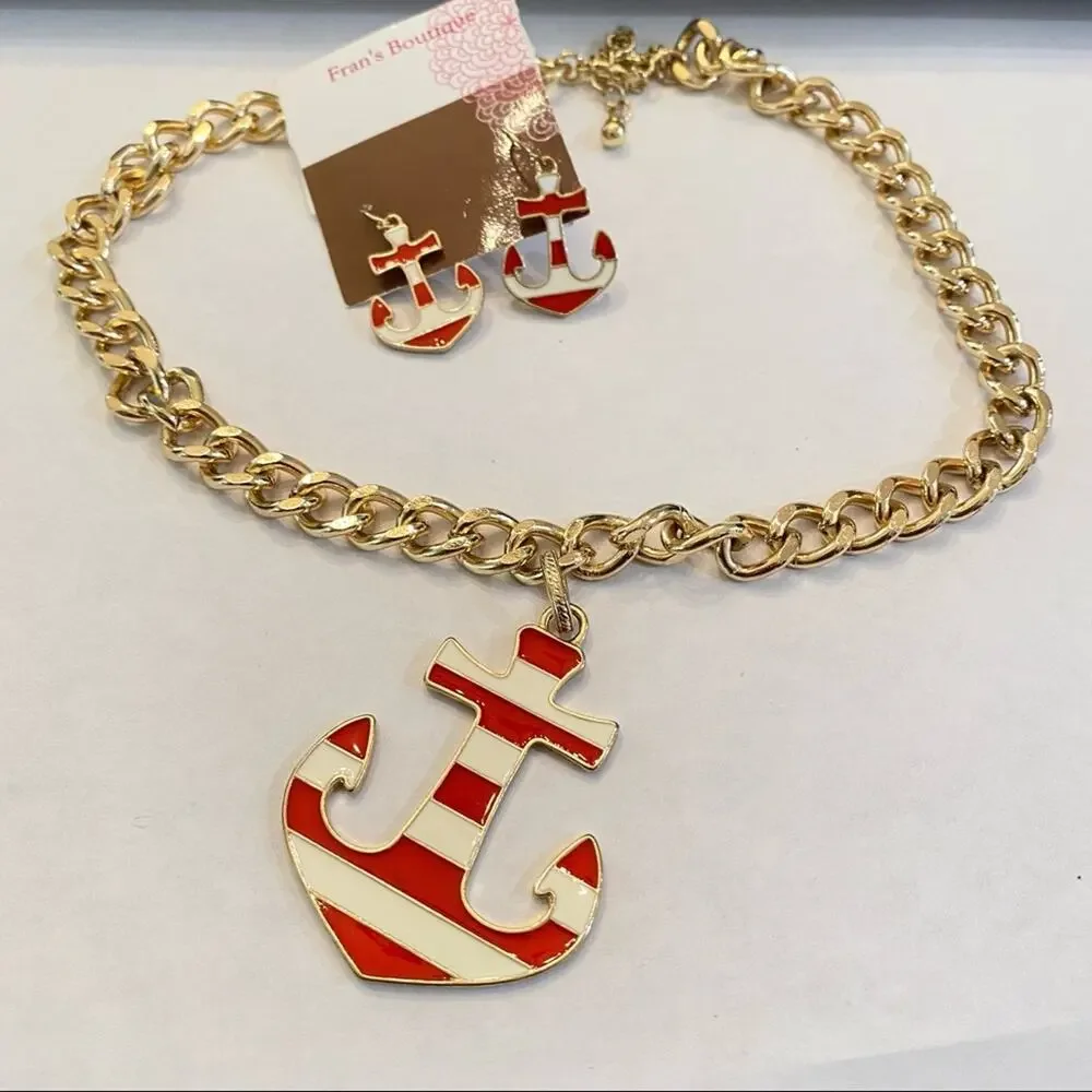 ANCHOR EARRINGS PENDANT & NECKLACE Nautical Set MATCHING Set Coastal Grandma